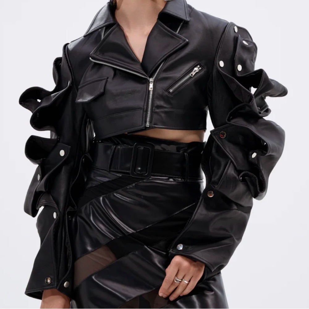 AKIRA Black Faux Leather Cropped Moto Jacket with Ruched Snap Sleeves